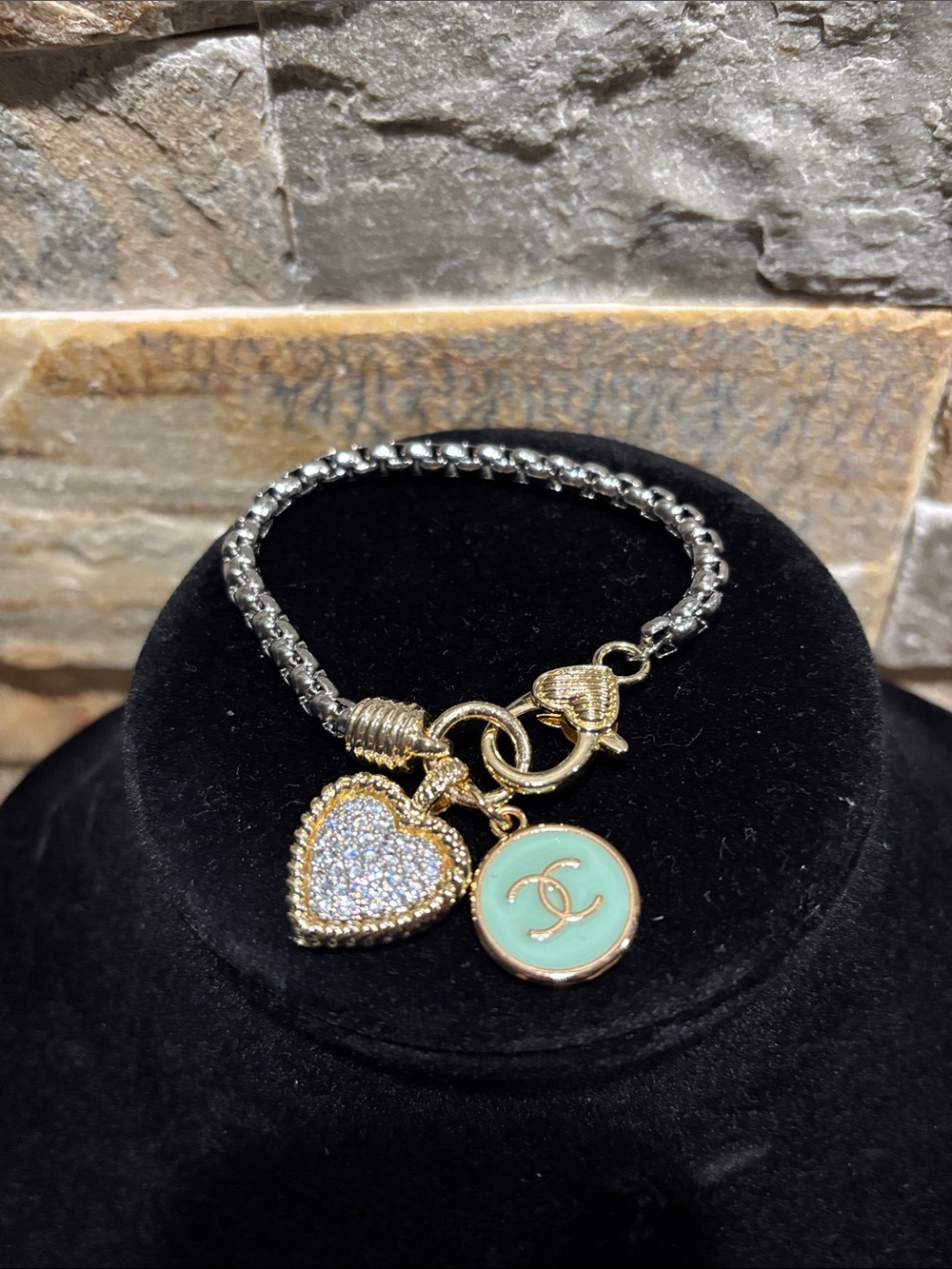 Gold & Mint Double Charm Bracelet with Pave Heart